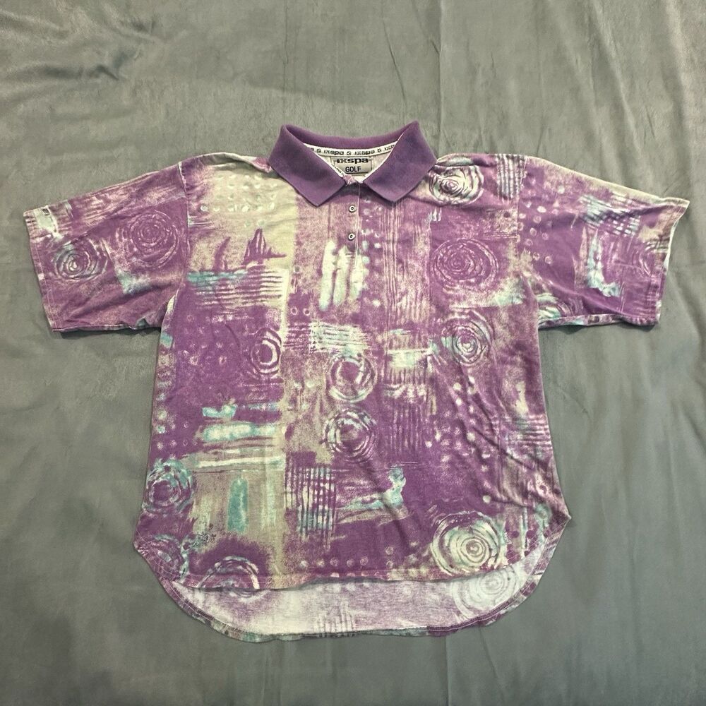 Vintage 90s Ixspa Shirt Mens Large Abstract Purple Golf Polo Button Short Sleeve